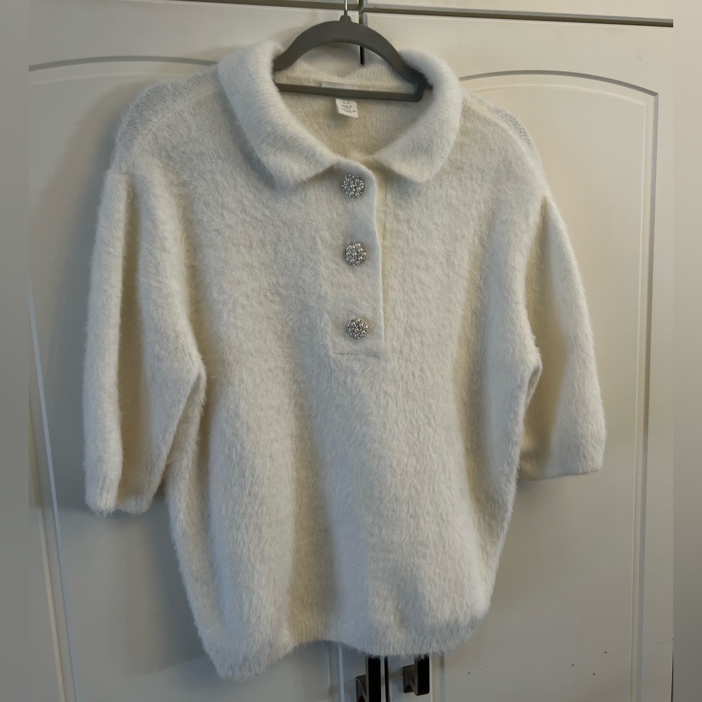 H&M Cozy White Fuzzy Sweater with rhinestone Button Accents